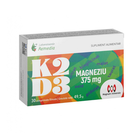 K2 + D3 + Magneziu, 375 mg, 30 comprimate, Laboratoarele Remedia