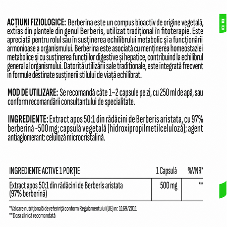 Berberina Extract, 500 mg, 60 capsule, Health Evolution 803565