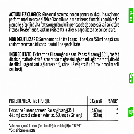 Ginseng Coreean 500 mg, 60 capsule, Health Evolution 803635