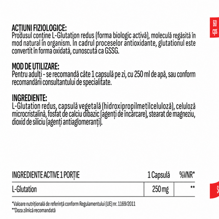 L-Glutation Redus, 250 mg, 60 capsule, Health Evolution 803639