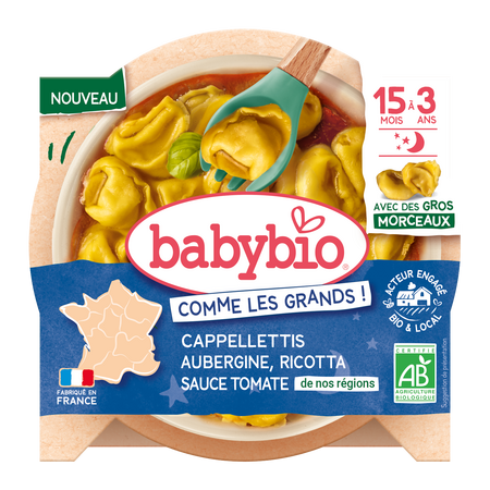 Meniu bio capeletti cu vinete, ricotta si sos de rosii, 15 luni+, 200 g, Babybio