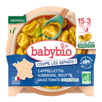 Meniu bio capeletti cu vinete, ricotta si sos de rosii, 15 luni+, 200 g, Babybio