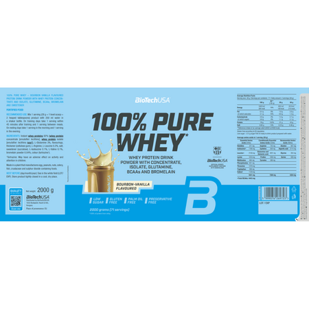 Supliment alimentar cu proteine din zer si aminoacizi 100% Pure Whey, Bourbon Vanilla, 2 kg, BioTechUSA 803793