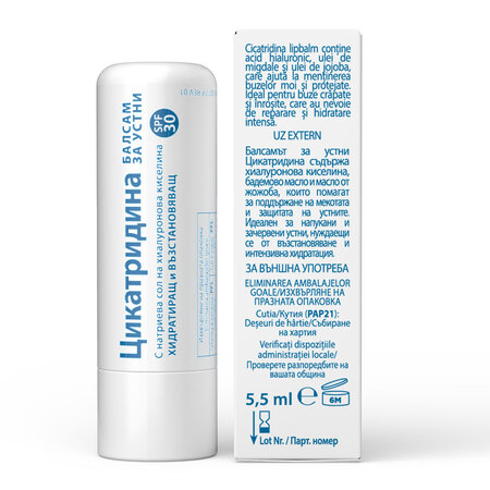 Balsam de buze hidratant si reparator cu SPF 30 si acid hialuronic, 5.5 ml, Cicatridina 803800