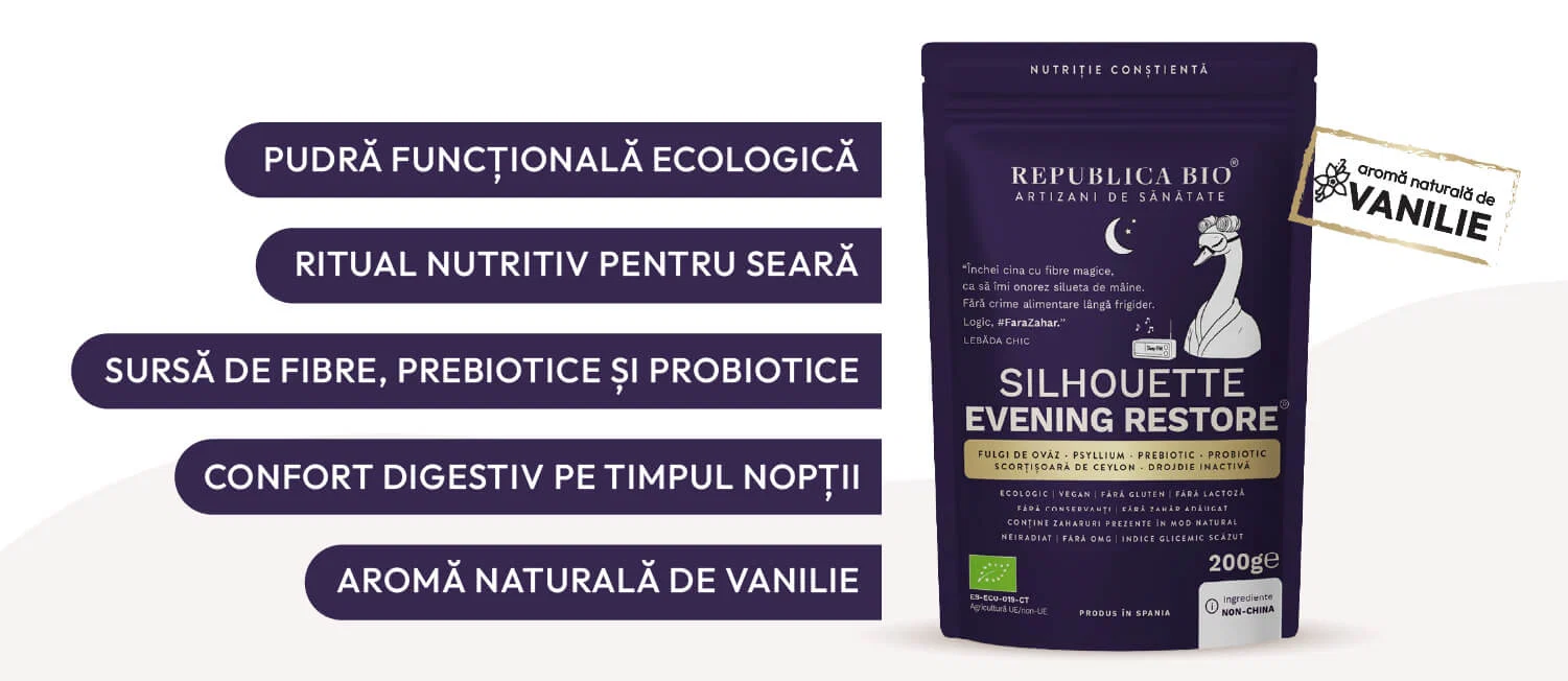 Silhouette Evening Restore: pudră funcțională ecologică, ritual nutritiv pentru seară, sursă de fibre, prebiotice și probiotice, confort digestiv pe timpul nopții, aromă naturală de vanilie