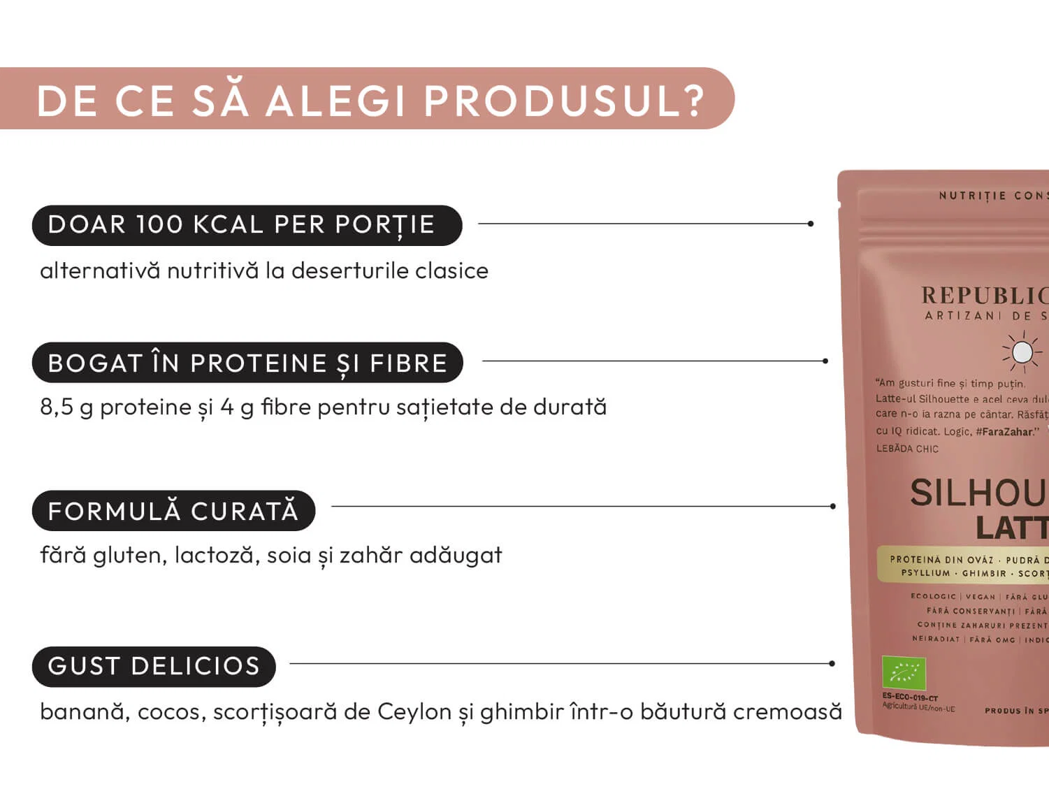 Silhouette Latte: pudră funcțională ecologică, soluție nutritivă pentru pofta de dulce, desert tip latte gata în câteva secunde, doar 100 kcal per porție, aromă naturală de banană