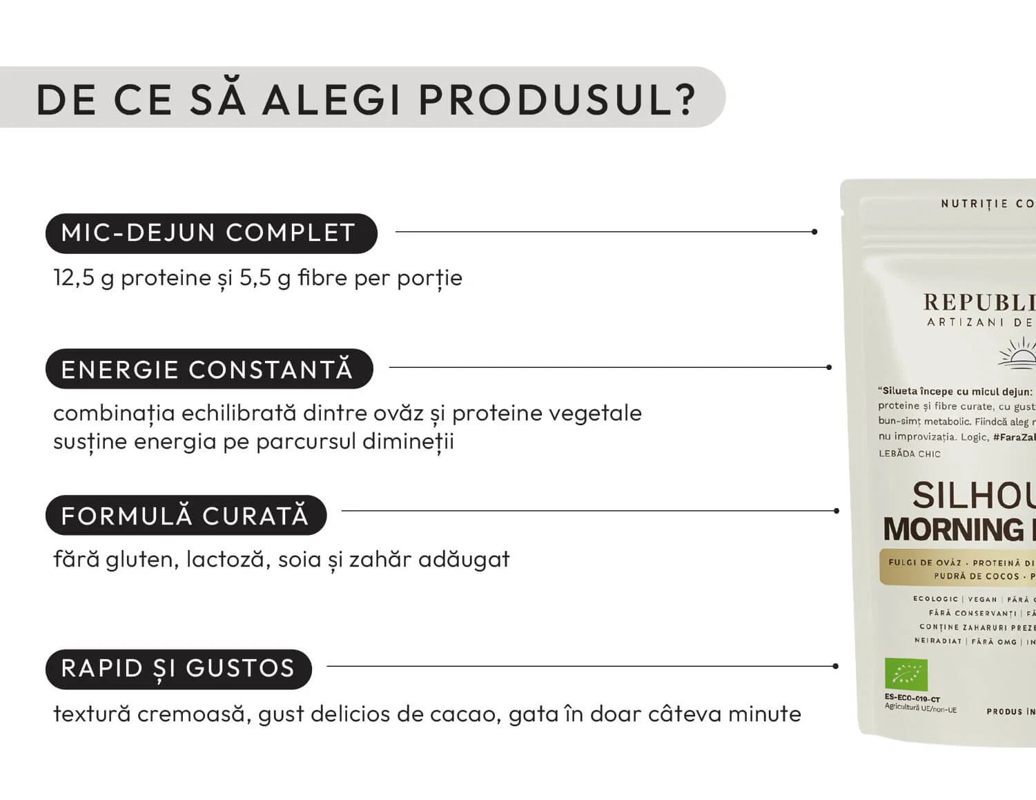 Silhouette Morning Balance: pudră funcțională ecologică pentru micul dejun, aport echilibrat de proteine și fibre, indice glicemic scăzut, rapid și ușor de preparat, gust delicios de cacao