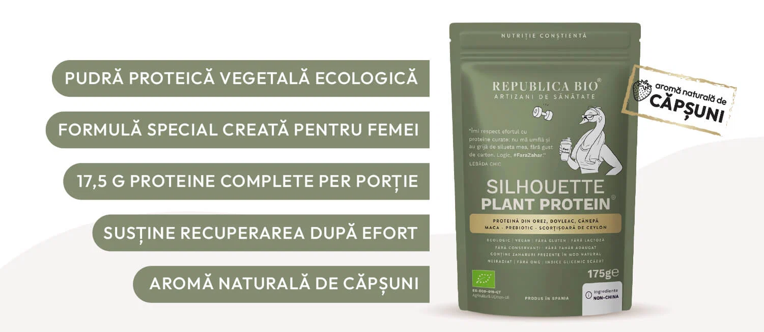 Silhouette Plant Protein: pudră proteică vegetală ecologică, formulă special creată pentru femei, 17,5 g proteine complete per porție, susține recuperarea după efort, aromă naturală de căpșuni