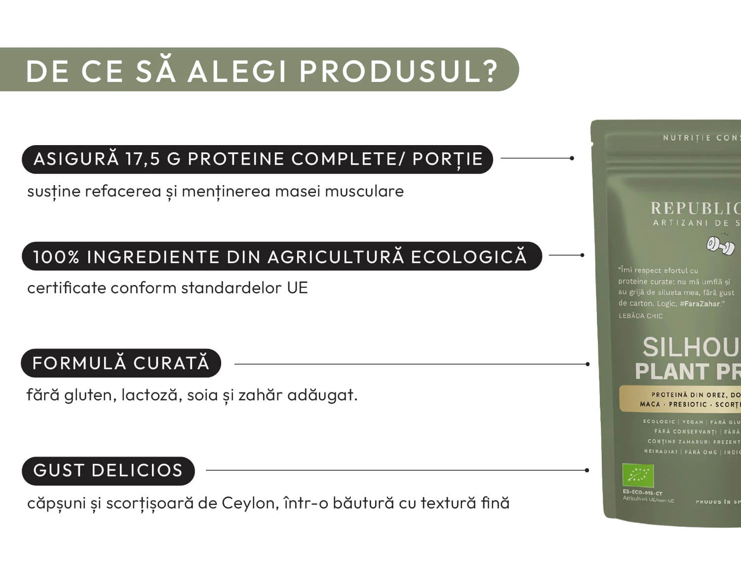 Silhouette Plant Protein: pudră proteică vegetală ecologică, formulă special creată pentru femei, 17,5 g proteine complete per porție, susține recuperarea după efort, aromă naturală de căpșuni