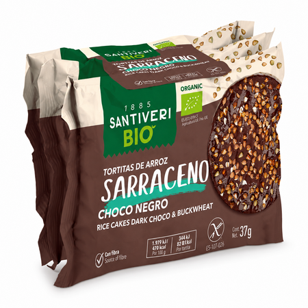 Turte Bio de Orez si Hrisca fara gluten cu Ciocolata neagra, 6 x 37 g, Santiveri