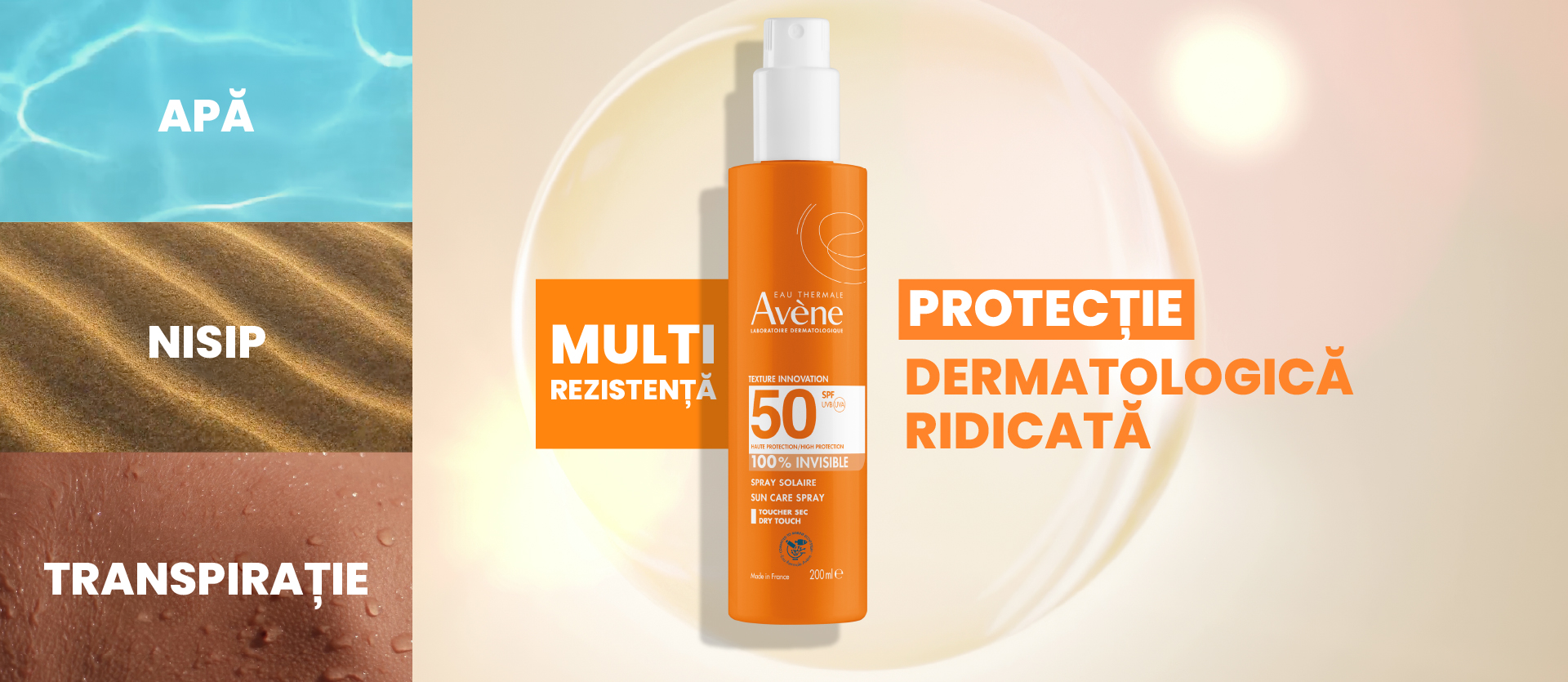 Avene Spray SPF50+ multirezistenta la apa nisip si transpiratie