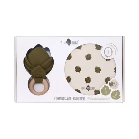 Set kit amprenta, jucarie din bumbac organic si 12 cartonase pentru etapele bebelusului, 0 luni+, Petit Artichaut 807419
