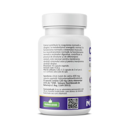 Calciu Citrat Malat, 600 mg, 90 capsule vegetale, Nutrific 807481