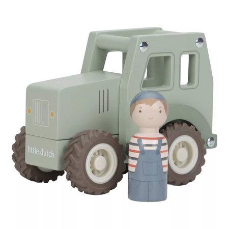 Tractor din lemn FSC cu fermier, Verde, 18 luni+, Little Dutch