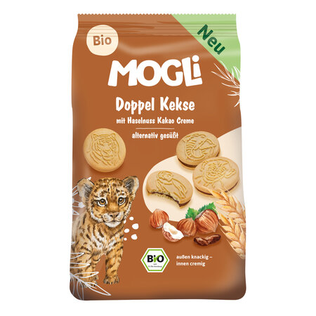 Biscuiti dubli Bio cu crema de cacao si alune de padure, 95 g, Mogli