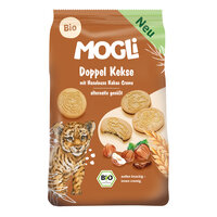 Biscuiti dubli Bio cu crema de cacao si alune de padure, 95 g, Mogli