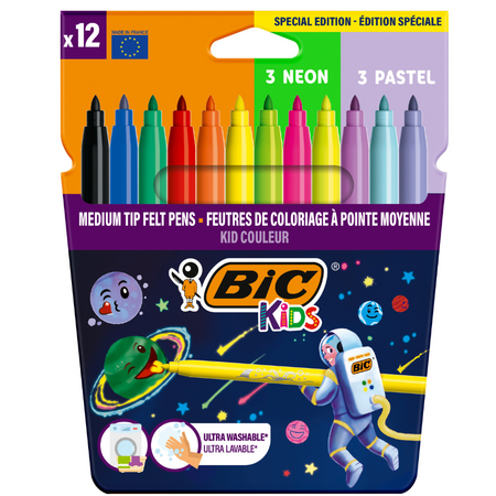 Markere colorate ultralavabile Kid Couleur Cosmo Edition, 12 bucati, Bic