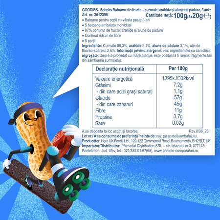 Batoane din fructe cu arahide, curmale si alune de padure, 3 ani+, 5 x 20 g, Goodies Snacks 809761