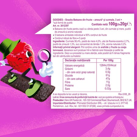 Batoane din fructe cu zmeura si curmale, 3 ani+, 5 x 20 g, Goodies Snacks 809770