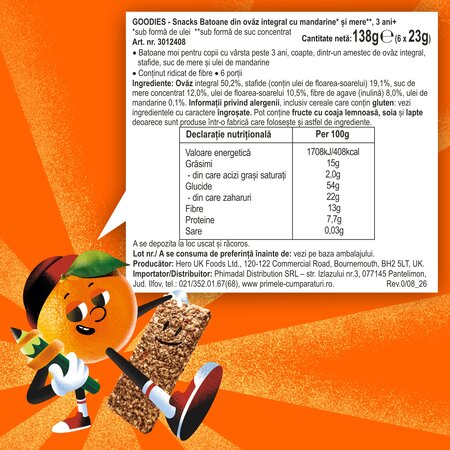 Batoane din ovaz integral cu mandarine si mere, 3 ani+, 6 x 23g, Goodies Snacks 809776