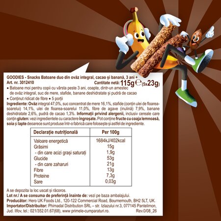 Batoane Duo din ovaz integral cu cacao si banana, 3 ani+, 5 x 23g, Goodies Snacks 809788