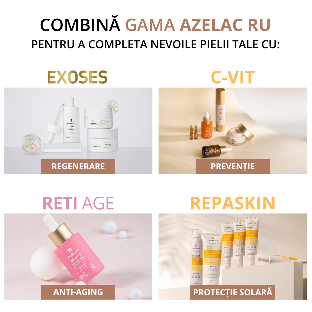 Combină AZELAC RU cu EXOSES, C-VIT, RETI AGE și REPASKIN