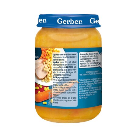 Piure Legume cu carne de Vita si macaroane, 9 luni+, 190 g, Gerber 811639