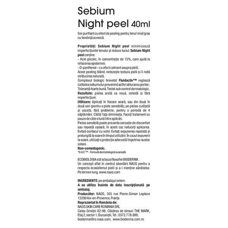 Gel purifiant cu efect de peeling Sebium Night Peel, 40 ml, Bioderma 794630