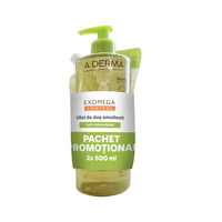 Pachet Ulei de curatare emolient anti-mancarime + rezerva Exomega Control, 2x500 ml, A-Derma