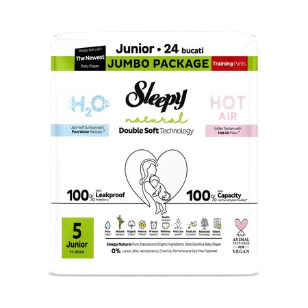 Scutece tip chilotel Natural H2O Jumbo, marimea 5 Junior, 11-18 kg, 24 bucati, Sleepy