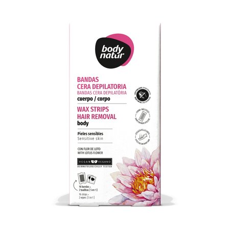 Benzi depilatoare corp pentru piele sensibila, Floare de Lotus, 16 bucati + 2 servetele, Body Natur
