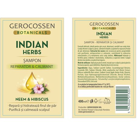 Sampon reparator si calmant cu Neem si Hibiscus Botanicals, Indian Herbs, 400 ml, Gerocossen 815225