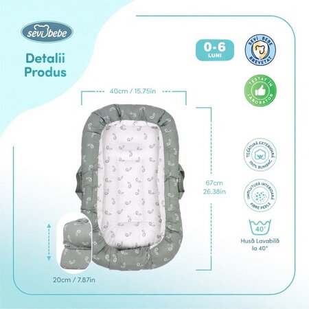 Co-sleeper Nest antiregurgitare, Tiny Leaves, 0-6 luni, Sevibebe 815397