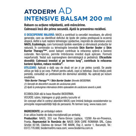 Balsam pentru piele foarte uscata pana la atopica Atoderm AD Intensive, 200 ml, Bioderma 816186
