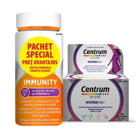 Pachet Centrum  Silver 50+ pentru femei + Centrum Immunity cu extract de soc, 30 comprimate + 60 capsule, Haleon