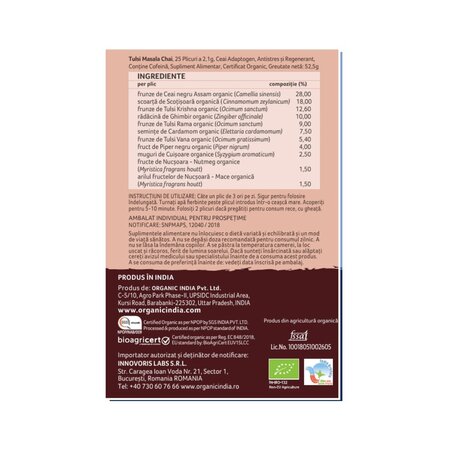 Tulsi Masala Chai Bio, 25 plicuri x 2,1 g,, Organic India 817290