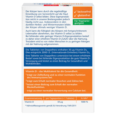 Vitamina D3, 2000 UI, 60 mini tablete, Doppelherz 820843