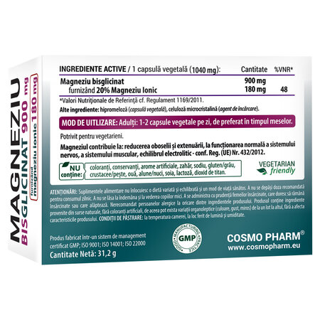 Magneziu Bisglicinat, 900 mg, 30 capsule vegetale, Cosmo Pharm 820633