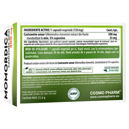 Momordica Castravete-amar, 500 mg, 30 capsule vegetale, Cosmo Pharm 820692
