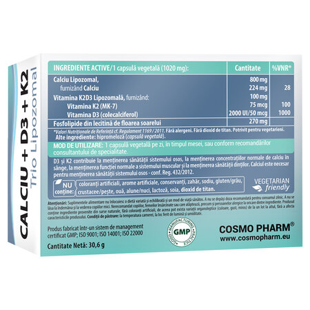 Calciu + D3 + Vitamina K2 Trio Lipozomal, 30 capsule vegetale, Cosmo Pharm 820699