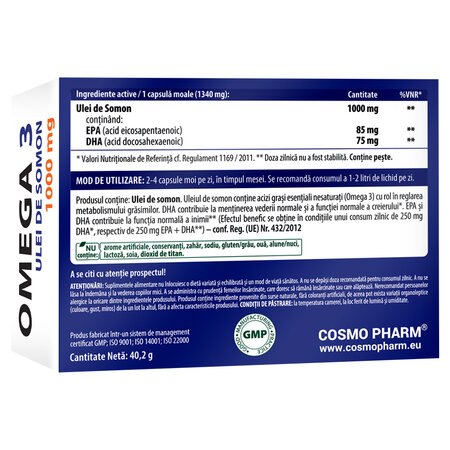 Omega 3 Ulei de Somon, 1000 mg, 30 capsule moi, Cosmo Pharm 820736