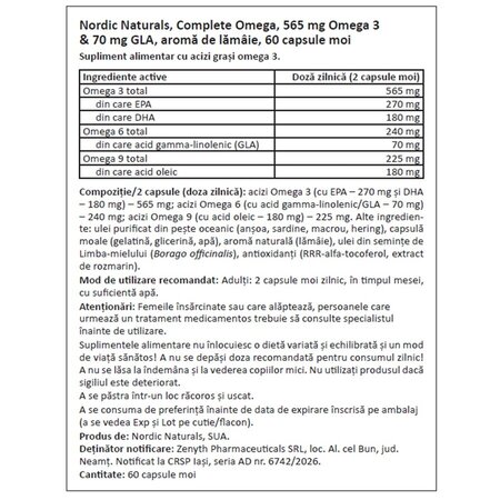 Complete Omega 565 mg + 70 mg GLA, lamaie, 60 capsule moi, Nordic Naturals 820773