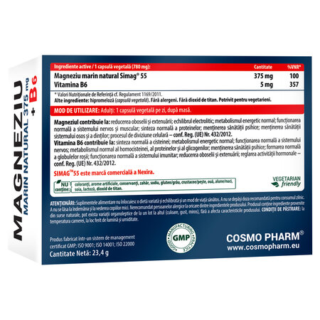 Magneziu Marin 375 mg + B6, 30 capsule vegetale, Cosmo Pharm 820777