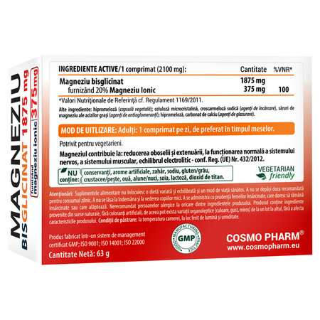 Magneziu Bisglicinat, 1875 mg, 30 comprimate, Cosmo Pharm 820809