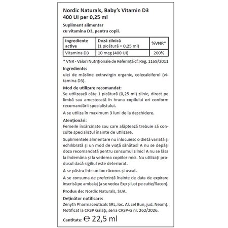 Vitamina D3 lichida pentru copii Baby's Vitamin D3, 400 UI, 22.5 ml, Nordic Naturals 820878