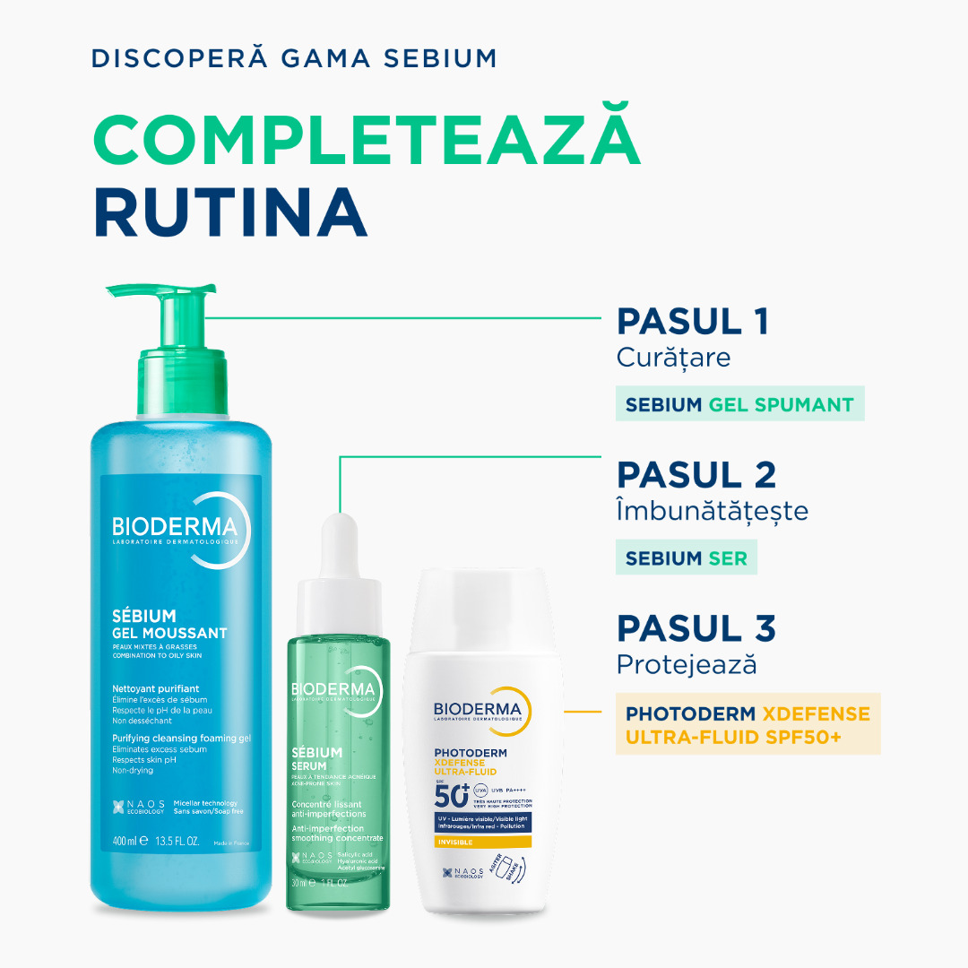 Rutina Bioderma Sébium — curățare, aplicarea serului și protecție solară