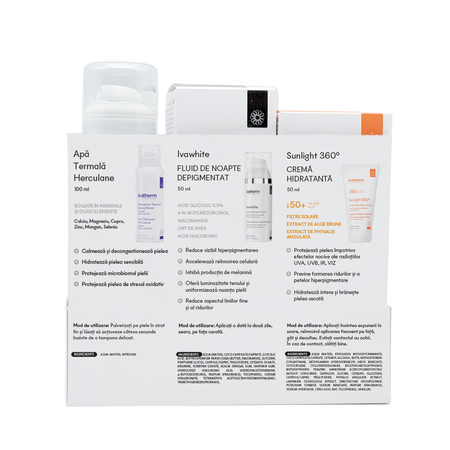 Kit pentru ingrijirea tenului cu pete hiperpigmentare Ivawhite, Sunlight 360 50 ml + Ivawhite Fluid 50 ml + Apa Termala Herculane 100 ml, Ivatherm 822473