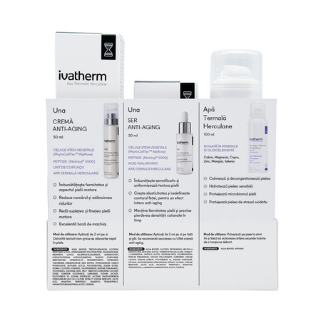 Kit anti-aging si fermitate UNA, ser 30 ml + crema de fata 50 ml + Apa Termala Herculane 100 ml, Ivatherm 822482