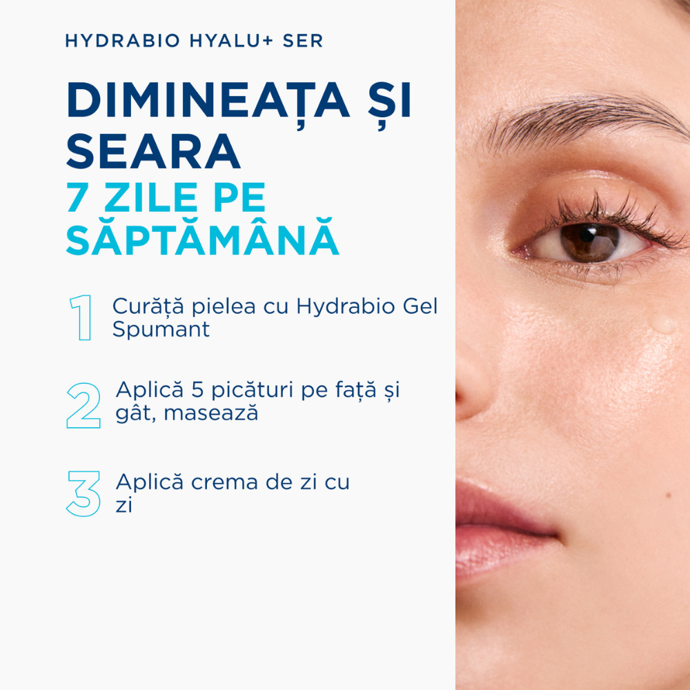 Aplicarea Hydrabio Hyalu+ Ser dimineața și seara: cinci picături pe față și gât, urmate de cremă