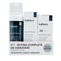 Kit Rutina completa de hidratare Aquafil, Spuma de curatare 160 ml + Ser 30 ml + Crema Light SPF30 50 ml, Ivatherm